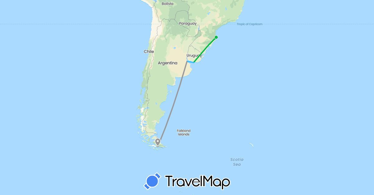 TravelMap itinerary: bus, plane, boat in Argentina, Brazil, Uruguay (South America)